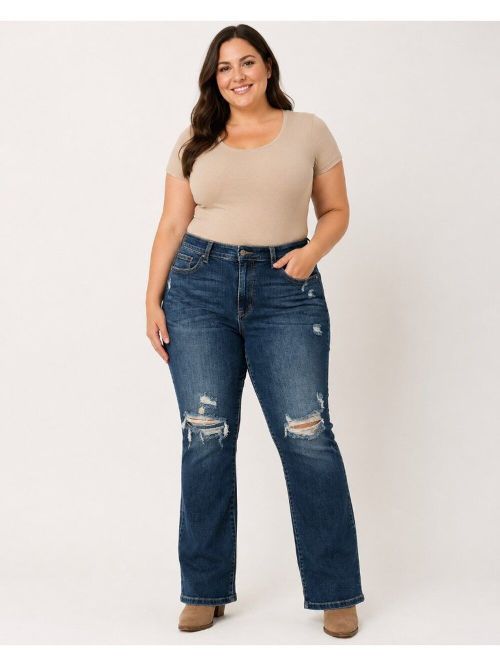 Judy Blue Jeans Womens 14W Boot Cut Dark Wash Distressed Stretch Denim Plus